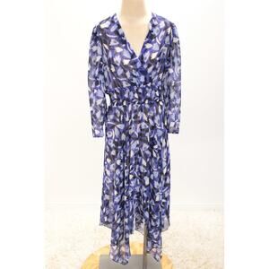 Anne Klein Chiffon Floral Midi Dress size 12 Blue Floral Asymmetrical Hem Soft R